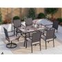 Black 7-Piece Metal Patio Outdoor Dining Set with Wood-Look Umbrella Table and Rattan Arm Chairs with Beige Cushion - Image 1