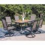 Black 7-Piece Metal Patio Outdoor Dining Set with Wood-Look Umbrella Table and Textilene Swivel Chairs - Image 1