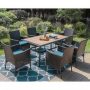 PHI VILLA Black 7-Piece Metal Patio Outdoor Dining Set with Wood-Look Umbrella Table and Rattan Chairs with Blue Cushion - Image 1