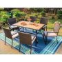 Black 7-Piece Metal Patio Outdoor Dining Set with Wood-Look Umbrella Table and Rattan Chairs with Beige Cushion THD7-103-099 - Image 1