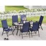 PHI VILLA 7-Piece Black Metal Patio Outdoor Dining Set with Geometric Rectangle Table and Blue Folding Reclining Sling Chairs - Image 1