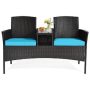 Brown 1-Piece Wicker Outdoor Patio Conversation Set Loveseat Sofa with Coffee Table and Turquoise Cushions - Image 1