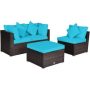 4-Piece Wicker Patio Conversation Set Sectional Couch Ottoman with Turquoise Cushions - Image 1
