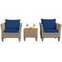 Brown 3-Piece Wicker Patio Conversation Set Outdoor Rattan Sofa Set w/ Navy Cushions - Image 1