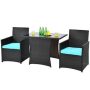 HONEY JOY 3-Pieces Wicker Patio Conversation Set Space-Saving Furniture Set with Tempered Glass Top Table and Turquoise Cushions - Image 1