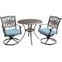 Hanover Traditions 3-pc Aluminum Outdoor Bistro Set with 2 Swivel Rockers, Protective Cover and Ocean Blue Cushions - Image 1
