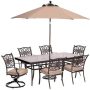 Hanover 7-pc Outdoor Dining Set with Rectangular Glass Table, 2 Swivels, Umbrella and Base with Natural Oat Cushions - Image 1