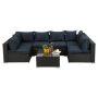 Dark Coffee  7-Piece PE Rattan Wicker Outdoor Furniture Set Deep Seating Sectional Sofa Set w/ Dark Blue Cushions - Image 1
