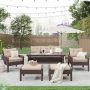 6-Piece Wicker Outdoor Dining Set with Light Coffee Cushion and Tempered Glass Tea Table for Backyard, Poolside, Deck - Image 1