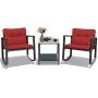 3-Piece Black Wicker Outdoor Bistro Set with Rocking Chairs Red Cushions - Image 1