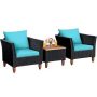 Black 3-Piece Wicker Outdoor Furniture Set Patio Conversation Set with Turquoise Cushions - Image 1