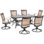Hanover - Fontana 7-Piece Outdoor Dining Set with 6 Sling Swivel Rockers and a 38-In. x 72-In. Cast-Top Table - Tan/Bronze - Image 1