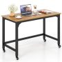 Costway - 48" Rolling Computer Desk Metal Frame PC Laptop Table Wood Top Study Workstation - Brown - Image 1