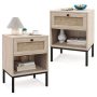 Costway - 2PCS Rattan Nightstand Boho End Table with Drawer & Open Shelf for Living Room - Oak - Image 1