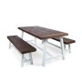 Noble House Rustic White 3-Piece Metal and Dark Brown Wood Rectangular Outdoor Patio Picnic-Style Dining Set - Image 1