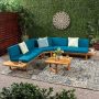 Noble House Mirabelle Teak Brown 4-Piece Wood Outdoor Patio Conversation Sectional Seating Set with Dark Teal Cushions - Image 1