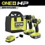 RYOBI ONE+ HP 18V Brushless Cordless Compact 1/2 in. Drill and Impact Driver Kit with (2) 1.5 Ah Batteries, Charger and Bag - Image 1