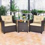 Costway 3-Piece Rattan Wicker Patio Conversation Set Sofa Coffee Table with Beige Cushions - Image 1