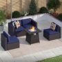 PHI VILLA Dark Brown Rattan Wicker 4 Seat 5-Piece Steel Outdoor Sectional Set with Blue Cushions and Square Fire Pit Table - Image 1
