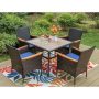PHI VILLA Black 5-Piece Metal Patio Outdoor Dining Set with Wood-Look Square Table and Rattan Chairs with Blue Cushion - Image 1