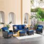 XIZZI Maroon Lake Brown 6-Piece Wicker Patio Conversation Seating Sofa Set with Navy Blue Cushions and Swivel Rocking Chairs - Image 1