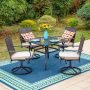 PHI VILLA Black 5-Piece Metal Patio Outdoor Dining Set with Slat Square Table and Rattan Swivel Chairs with Beige Cushion - Image 1