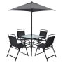 Costway 6-Pieces Patio Metal Furniture Outdoor Dining Set Folding Chairs Glass Table with Umbrella Deck Grey - Image 1