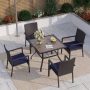 PHI VILLA 5-Piece Patio Outdoor Dining Set with Square Wood-look Tabletop and Rattan Chair with Blue Cushion - Image 1