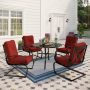 PHI VILLA 5-Piece Metal Round Outdoor Dining Set with C-Spring Chair with Red Cushions - Image 1