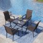 PHI VILLA 5-Piece Rattan Patio Outdoor Dining Set with Square Mesh Tabletop and Wave Armrest High-Back Chairs - Image 1