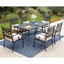 PHI VILLA 7-Piece Metal Patio Outdoor Dining Set with Slat Table and Stationary Chair with Beige Cushions - Image 1