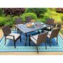 PHI VILLA Black 7-Piece Metal Slat Rectangle Table Patio Outdoor Dining Set with Rattan Chairs with Beige Cushion - Image 1