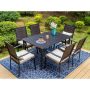 PHI VILLA Black 7-Piece Metal Patio Outdoor Dining Set with Slat Table and Rattan Arm Chairs with Beige Cushion THD7-428-004 - Image 1