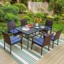 PHI VILLA 7-Piece Metal Patio Outdoor Dining Set with Rectangle Slat Table and Rattan Chair with Blue Cushion - Image 1