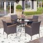 PHI VILLA Black 5-Piece Metal Patio Outdoor Dining Set with Slat Square Table and Rattan Chairs with Blue Cushion - Image 1