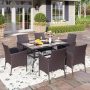 PHI VILLA Black 7-Piece Metal Patio Outdoor Dining Set with Geometric Rectangle Table and Rattan Chairs with Blue Cushion - Image 1