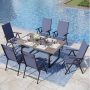 PHI VILLA 7-Piece Metal Outdoor Dining Set with Dark Brown Rectangular Table and Blue Folding Chairs - Image 1