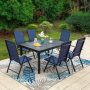 PHI VILLA 7-Piece Metal Outdoor Dining Set with Extensible Rectangular Carve Pattern Table and Blue Folding Chairs - Image 1