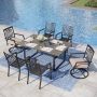 PHI VILLA Black 7-Piece Metal Patio Outdoor Dining Set with U Shaped Rectangle Table and Swivel Chairs with Beige Cushions - Image 1