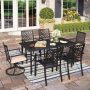 PHI VILLA 7-Piece Metal Outdoor Dining Set with Slat Table-top and Elegant Swivel Chairs with Beige Cushions - Image 1