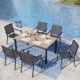 PHI VILLA 7-Piece Metal Outdoor Patio Dining Set with Brown Rectangular Slat Table-Top and Dot Stackable Chairs - Image 1