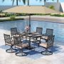 PHI VILLA 8-Piece Metal Outdoor Patio Dining Set with with Beige Cushions and Umbrella - Image 1