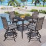 PHI VILLA 5-Piece Metal Bar Height Outdoor Bistro Set with Square Table and Rattan Bistro Chairs with Gray Cushion - Image 1