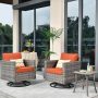 HOOOWOOO Tahoe Grey 3-Piece Wicker Outdoor Patio Conversation Swivel Rocking Chair Set with a Side Table and Orange Red Cushions - Image 1