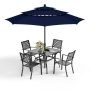 PHI VILLA 6-Piece Metal Patio Outdoor Dining Set with Square Table and Navy Blue Umbrella - Image 1