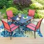 PHI VILLA Black 5-Piece Metal Slat Square Table Patio Outdoor Dining Set with Red Textilene Chairs - Image 1