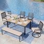 PHI VILLA 6-Piece Rectangular Outdoor Dining Set with Brown Slat Table and Bench with Beige Cushion - Image 1