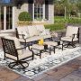 PHI VILLA Black 5-Piece Metal Meshed 7-Seat Outdoor Patio Conversation Set with Beige Cushions, 2 Swivel Chairs and 2 Ottomans - Image 1
