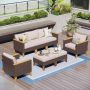 PHI VILLA Brown Wicker Rattan 7 Seat 7-Piece Steel Outdoor Patio Conversation Set with Beige Cushions and 2 Ottomans DC7PV103060104 - Image 1