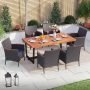 PHI VILLA Black 7-Piece Metal Patio Wood Outdoor Dining Set with Rectangular Table and Rattan Chair with Blue Cushion - Image 1